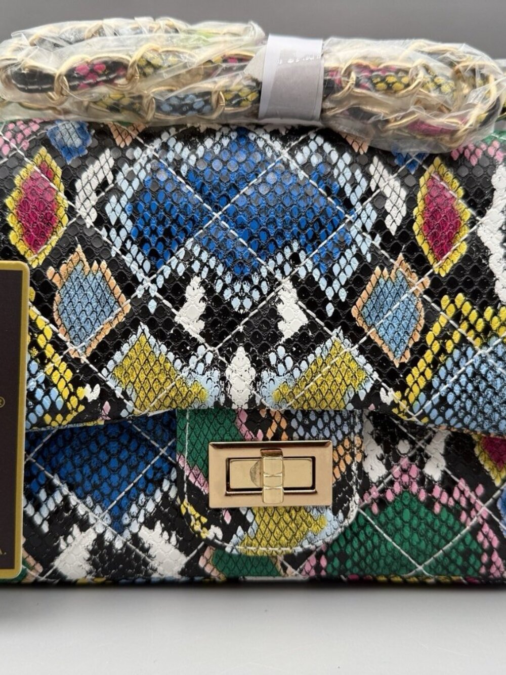 Caleesa Los Angeles Abstract Quilted Shoulder Bag NEW Colorful Snake Skin Vegan